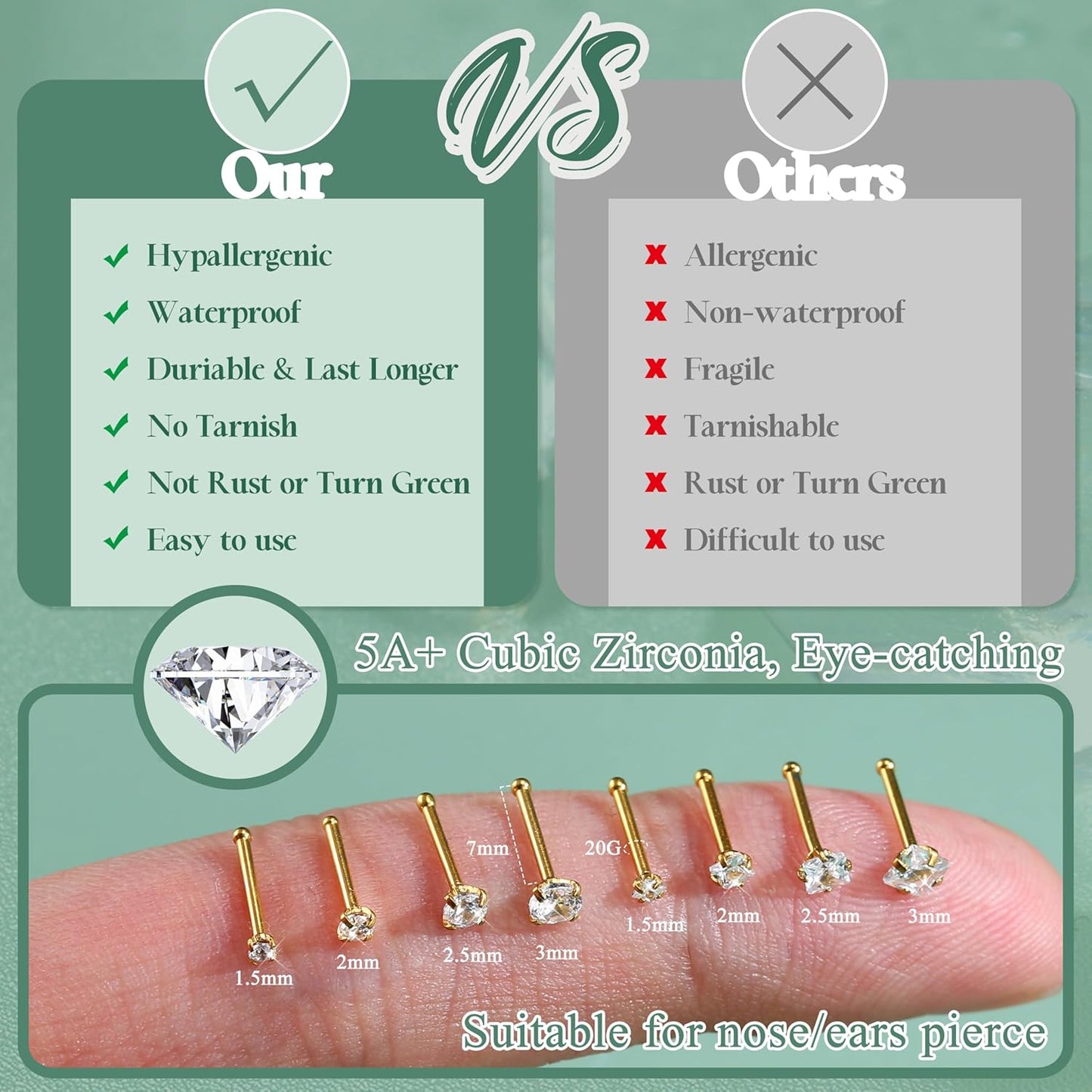 Jstyle Hypoallergenic Nose Rings 18G 20G Surgical Stainless Steel Nose Rings Studs Cubic Zirconia Nose Ring Labret Nose Piercing Jewelry for Women Men 1.5Mm 2Mm 2.5Mm 3Mm