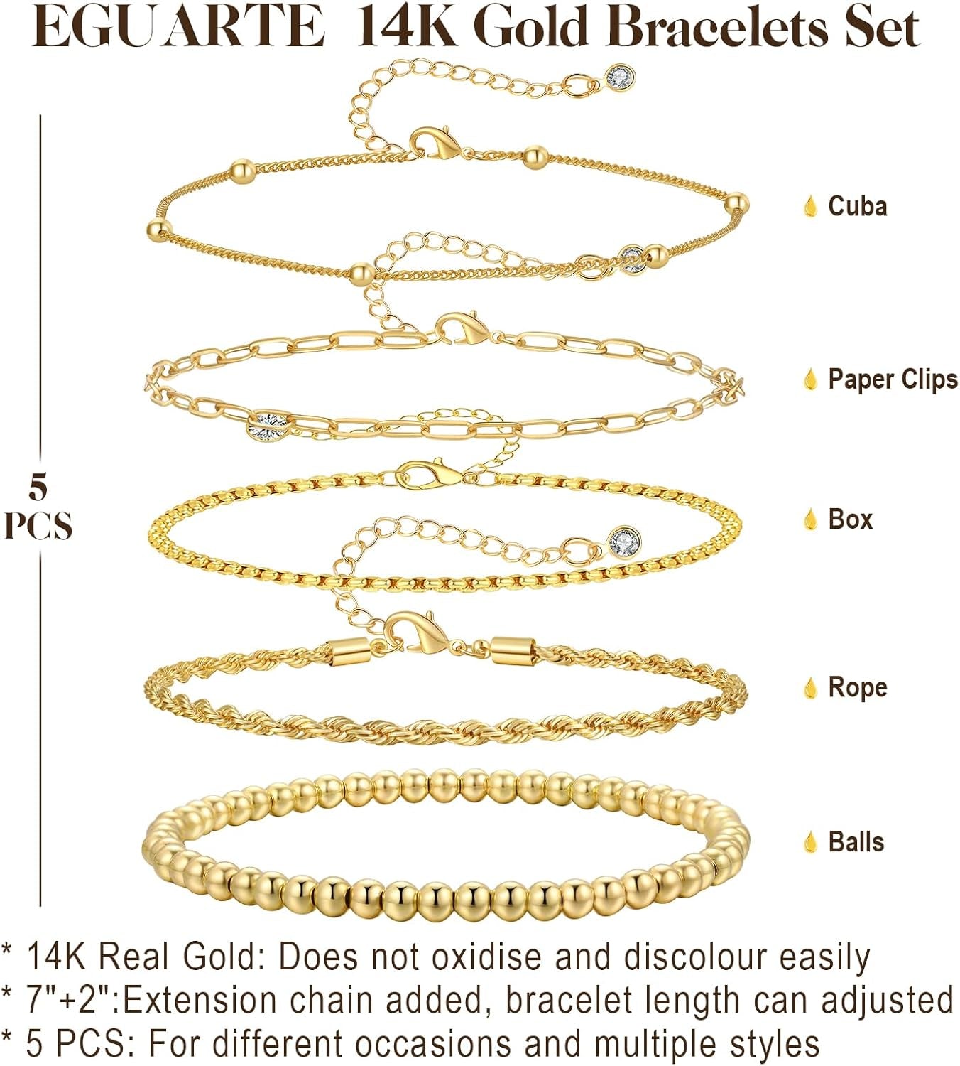 5Pcs Gold Bracelets for Women Trendy,Dainty 14K Real Gold Plated Jewelry Sets for Women,Waterproof,Thin Small Cute Chain Bracelets,Fashion Accessories Jewelry Gifts for Women Adjustable 7"+2"