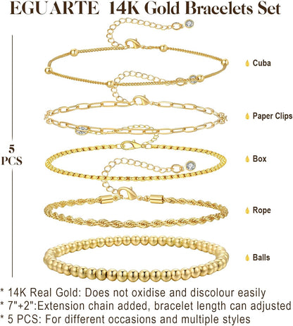 5Pcs Gold Bracelets for Women Trendy,Dainty 14K Real Gold Plated Jewelry Sets for Women,Waterproof,Thin Small Cute Chain Bracelets,Fashion Accessories Jewelry Gifts for Women Adjustable 7"+2"