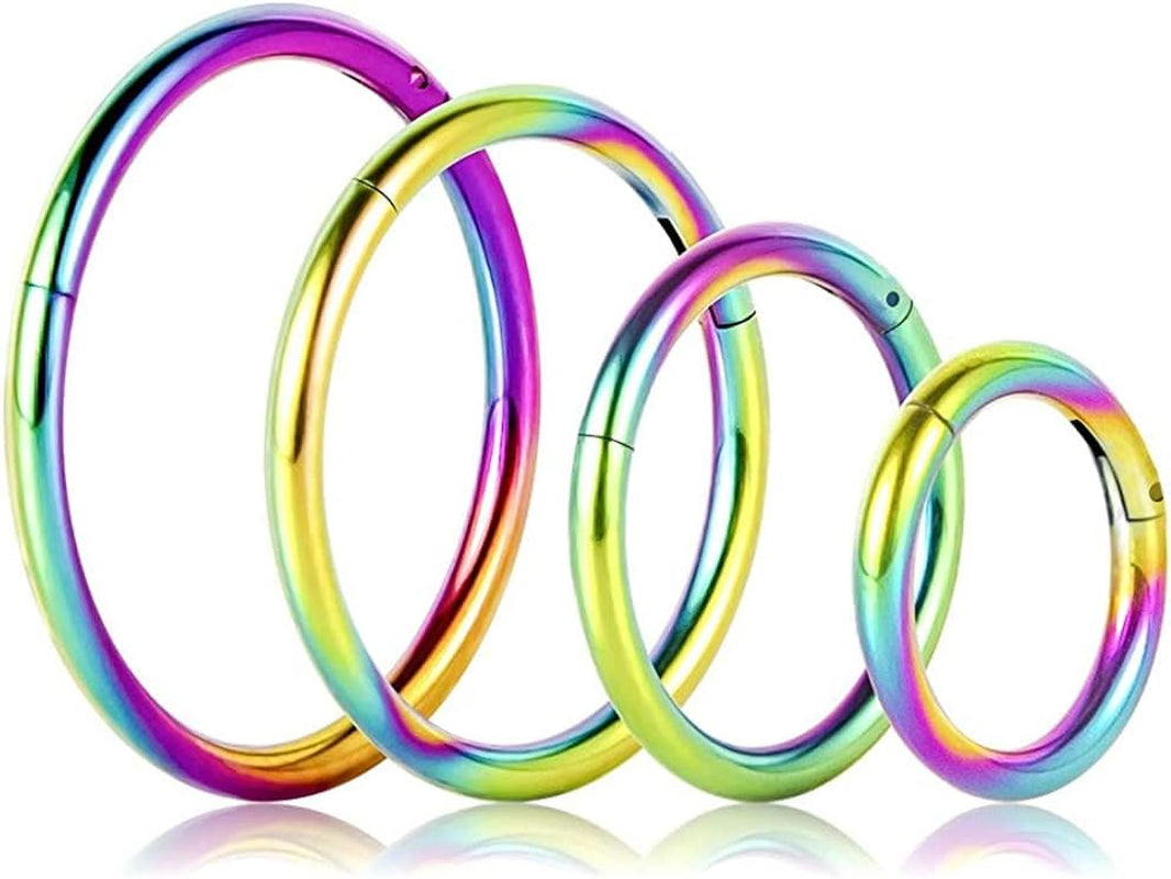 4Pcs 16G 18G 20G Surgical-Steel-Piercing-Ring-Nose-Rings-Hinged-Hoop-Earrings,6Mm 8Mm 10Mm 12Mm Seamless Stainless Steel Clicker Eyebrow Septum Piercing Hoop,Sliver Black Gold Rose Gold Rainbow Body Jewelry Set