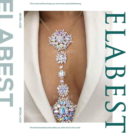 ELABEST Boho Rhinestone Statement Chest Chain Crystal Necklace Body Chain Summer Beach Body Jewelry Accessories for Women