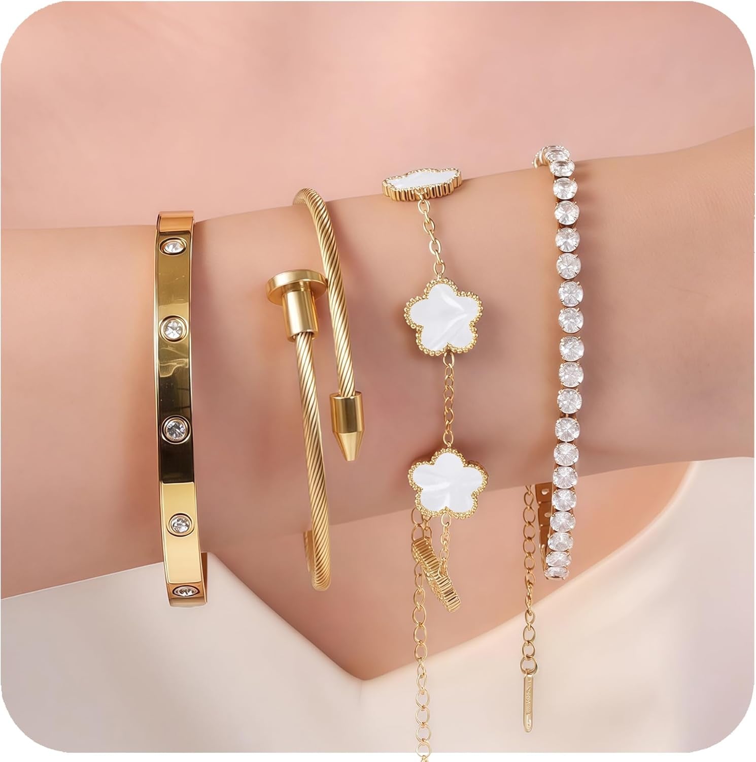 Real 18K Gold Plated Bracelets for Women (Sturdier Version) Stackable Bangle Bracelets for Women (Better Tarnish & Water Resistance) 4PCS Gold Bracelet Stack Set (Fits Wrists Upto 6.7 Inch)