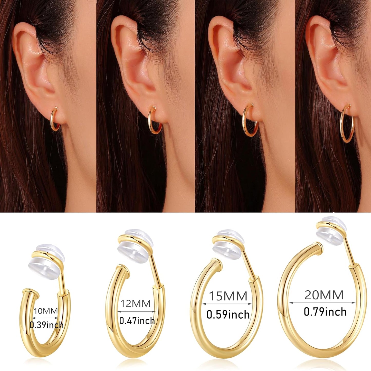 PLOMFOV Clip on Hoop Earrings for Women Non Pierced Earrings Clip on Gold Hoops Fake Earrings Clips for Non-Pierced Ears 10-20MM
