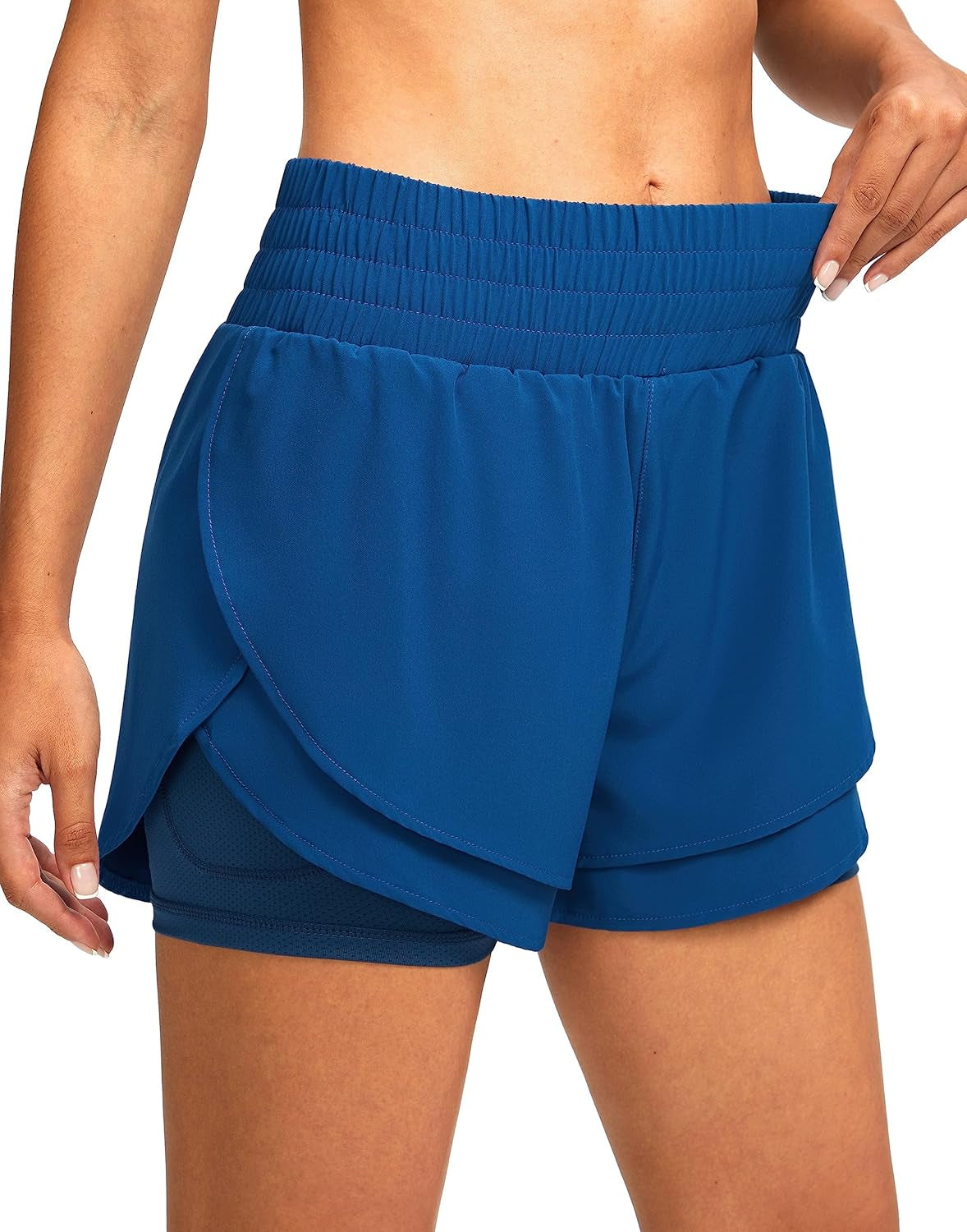 Soothfeel Women'S 2 in 1 Running Shorts High Waisted Athletic Shorts Exercise Gym Workout Shorts for Women with Pockets