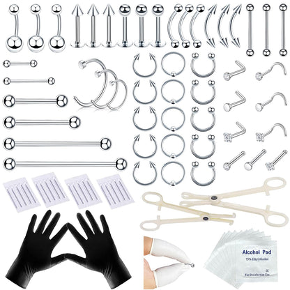 80PCS Nose Piercing Kit: Stainless Steel Body Piercing Jewelry with 12G, 14G, 16G, 20G Needles for Ear, Nose, Lip, Eyebrow