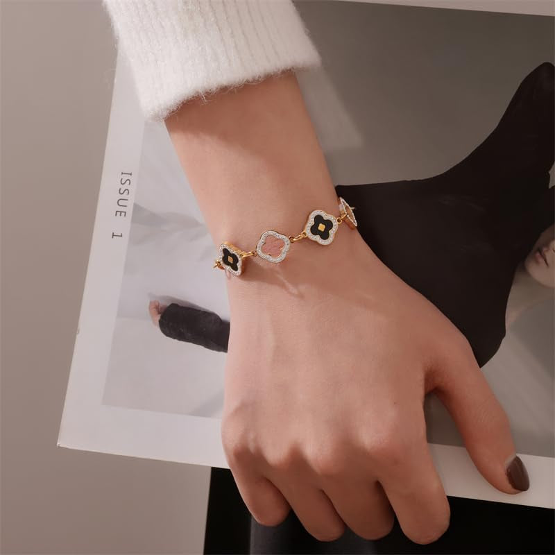 Four Leaf Clover Bracelets for Women, 18K Gold Plated Clover Jewelry Set-Tone with Green Enamel Clover Charms, Crystal Accents, Elegant Gift for Women Packed in a Packaging Box (Black)