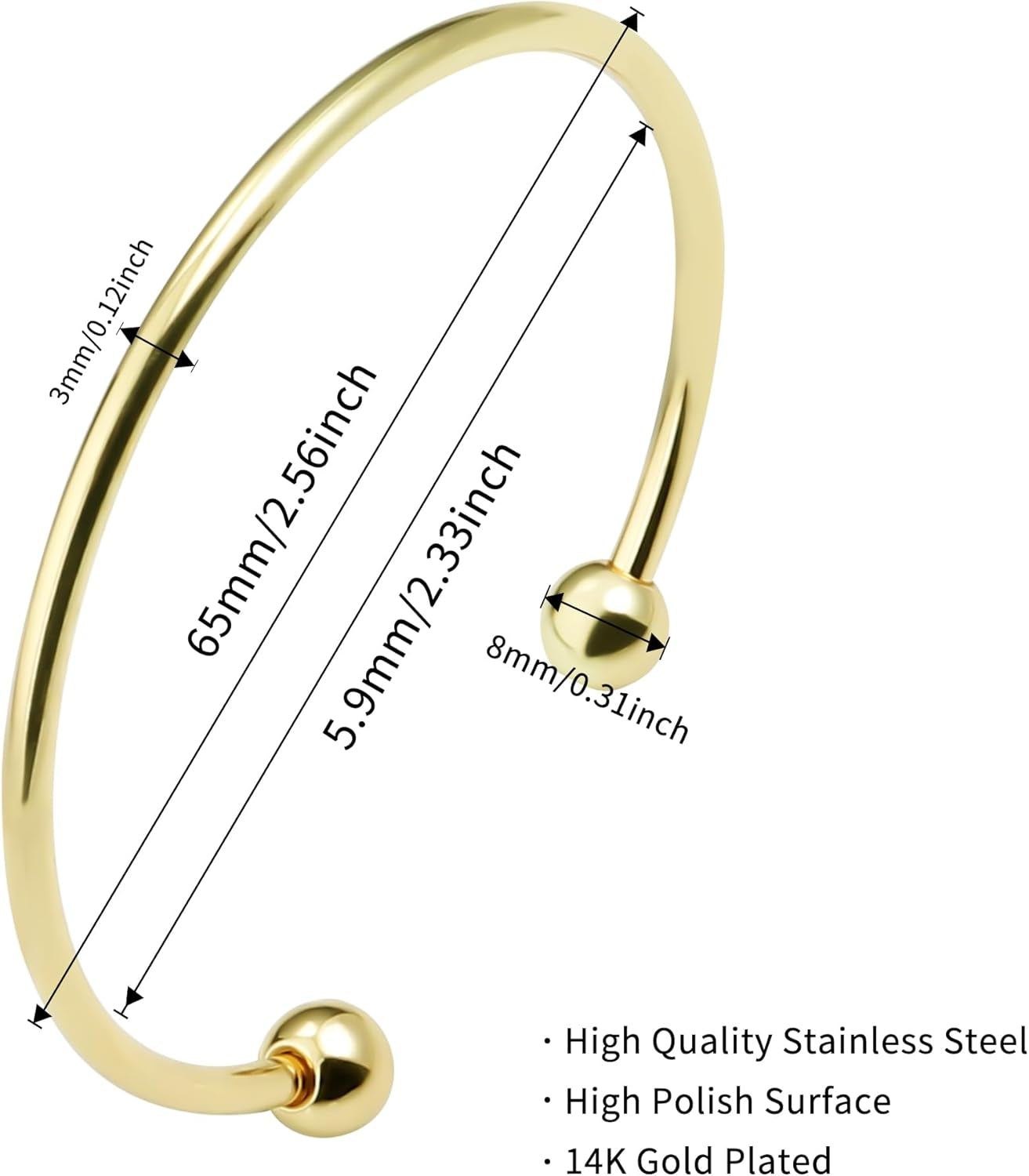 Stainless Steel Adjustable Bangle Bracelets for Women Gold/Silver/Rhodium Plated Simple Bangles Bracelets 3Mm Stacking Open Cuff Bangles Set 2 Pcs/Lot Gifts Jewelry