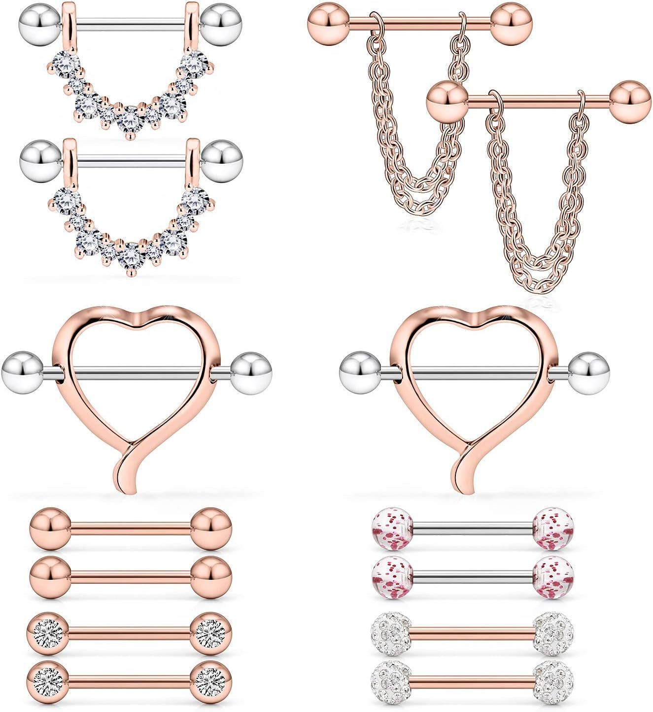 Ruifan 14G 9/16Inch Crystal Ball Nipple Tongue Shield Ring Barbell Body Piercing Jewelry Retainer 8-14PCS