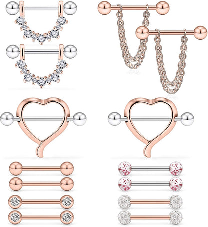 Ruifan 14G 9/16Inch Crystal Ball Nipple Tongue Shield Ring Barbell Body Piercing Jewelry Retainer 8-14PCS