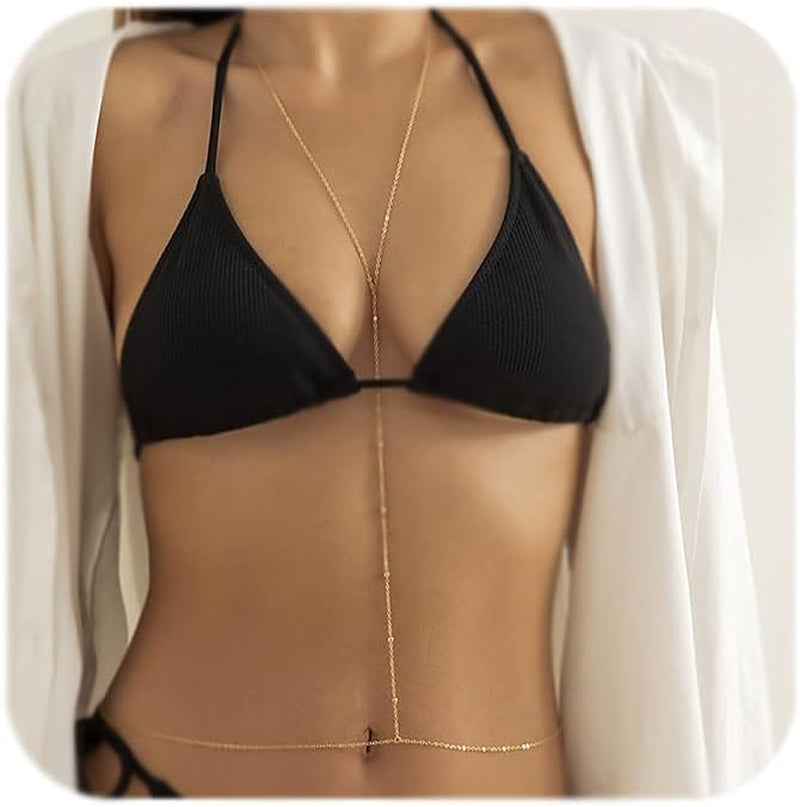MODRSA Gold Body Chain Jewelry for Women Back Necklace for Backless Dress Backdrop Pearl Rhinestone Belly Chain Waist Chains Bra Chains Lingerie Summer Bikini Bodychain Trendy Sexy Stomach Jewelry