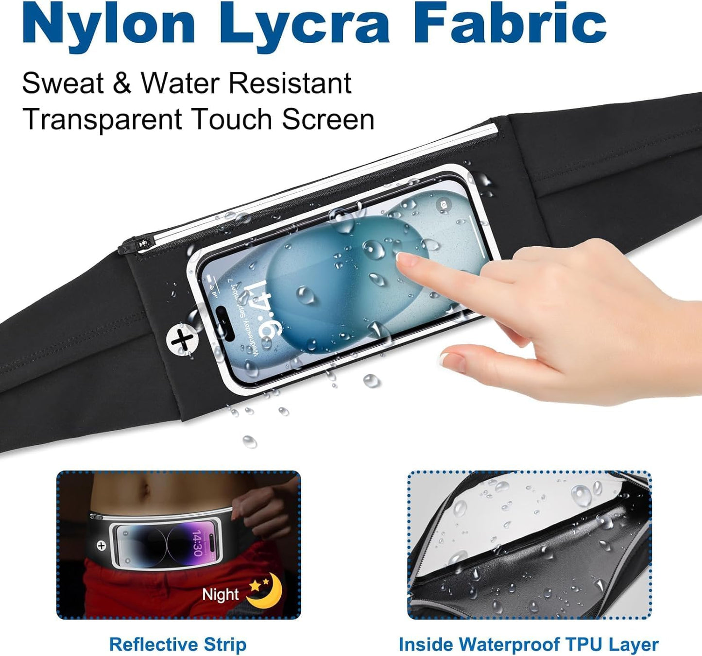 Running belt for women and men with adjustable waist strap closure