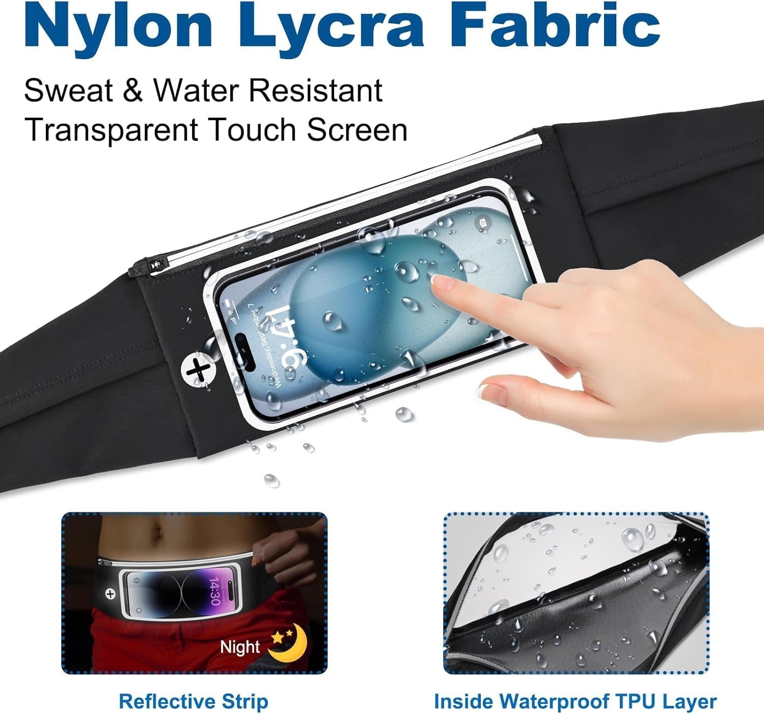 Running belt for women and men with adjustable waist strap closure