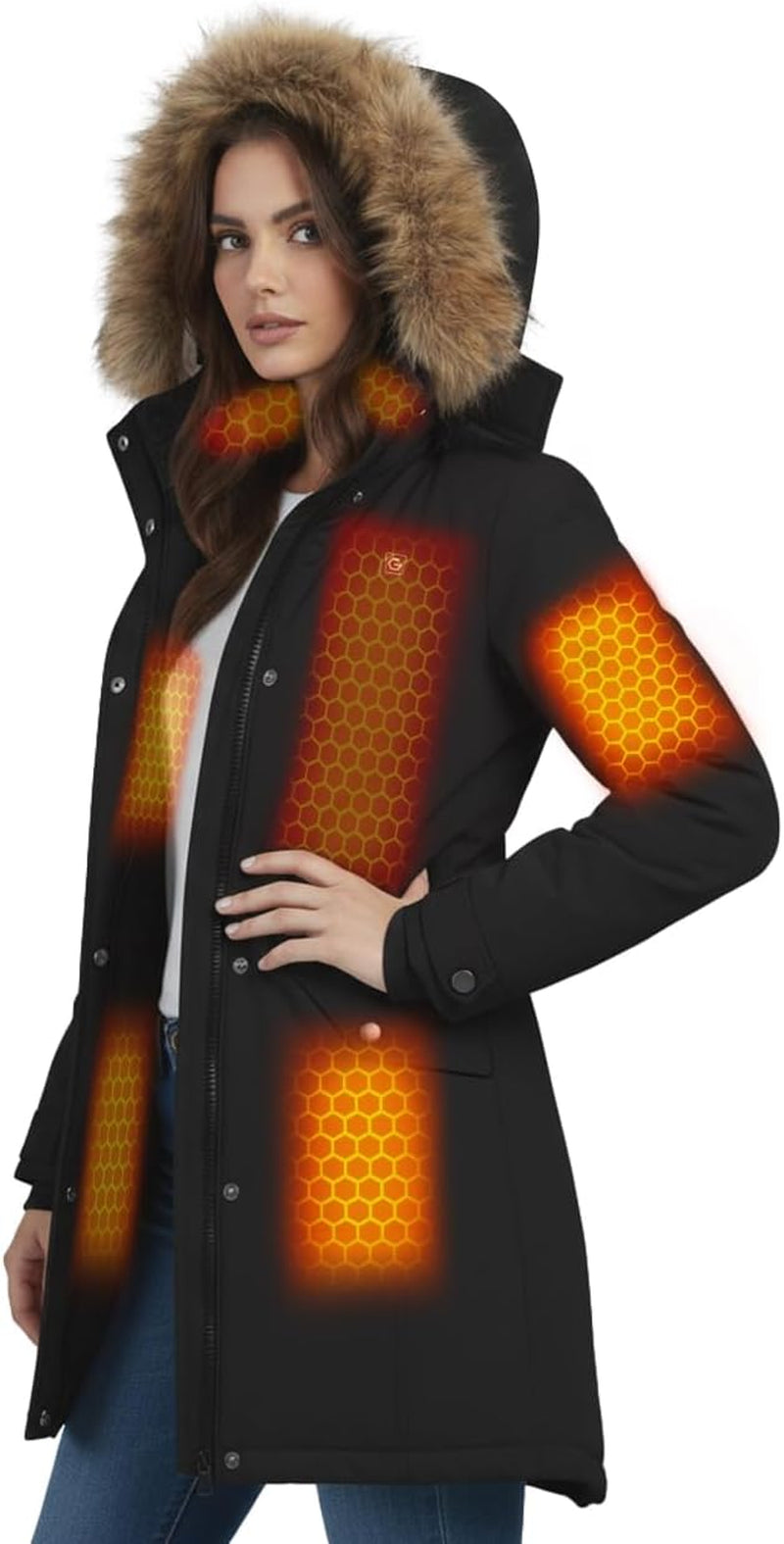Women's black graphene heated long jacket with battery pack