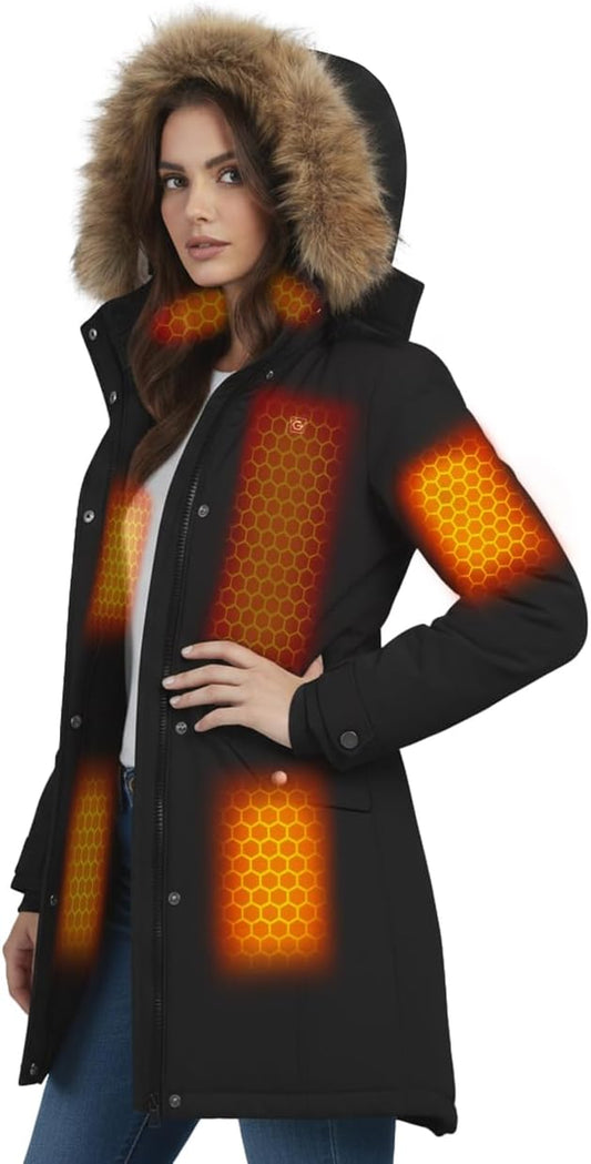 Women's black graphene heated long jacket with battery pack
