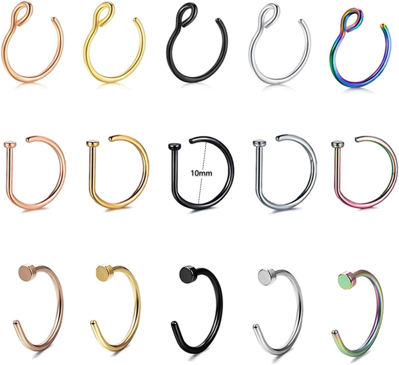 30Pcs 18G Hypoallergenic 316L Stainless Steel Fake Nose Hoop Rings for Women Fake Piercing Jewelry Hoop for Faux Lip Septum Colorful Nose Ring,8Mm/10Mm, Christmas,Birthday,Party,Wedding Jewelry