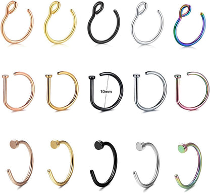 30Pcs 18G Hypoallergenic 316L Stainless Steel Fake Nose Hoop Rings for Women Fake Piercing Jewelry Hoop for Faux Lip Septum Colorful Nose Ring,8Mm/10Mm, Christmas,Birthday,Party,Wedding Jewelry