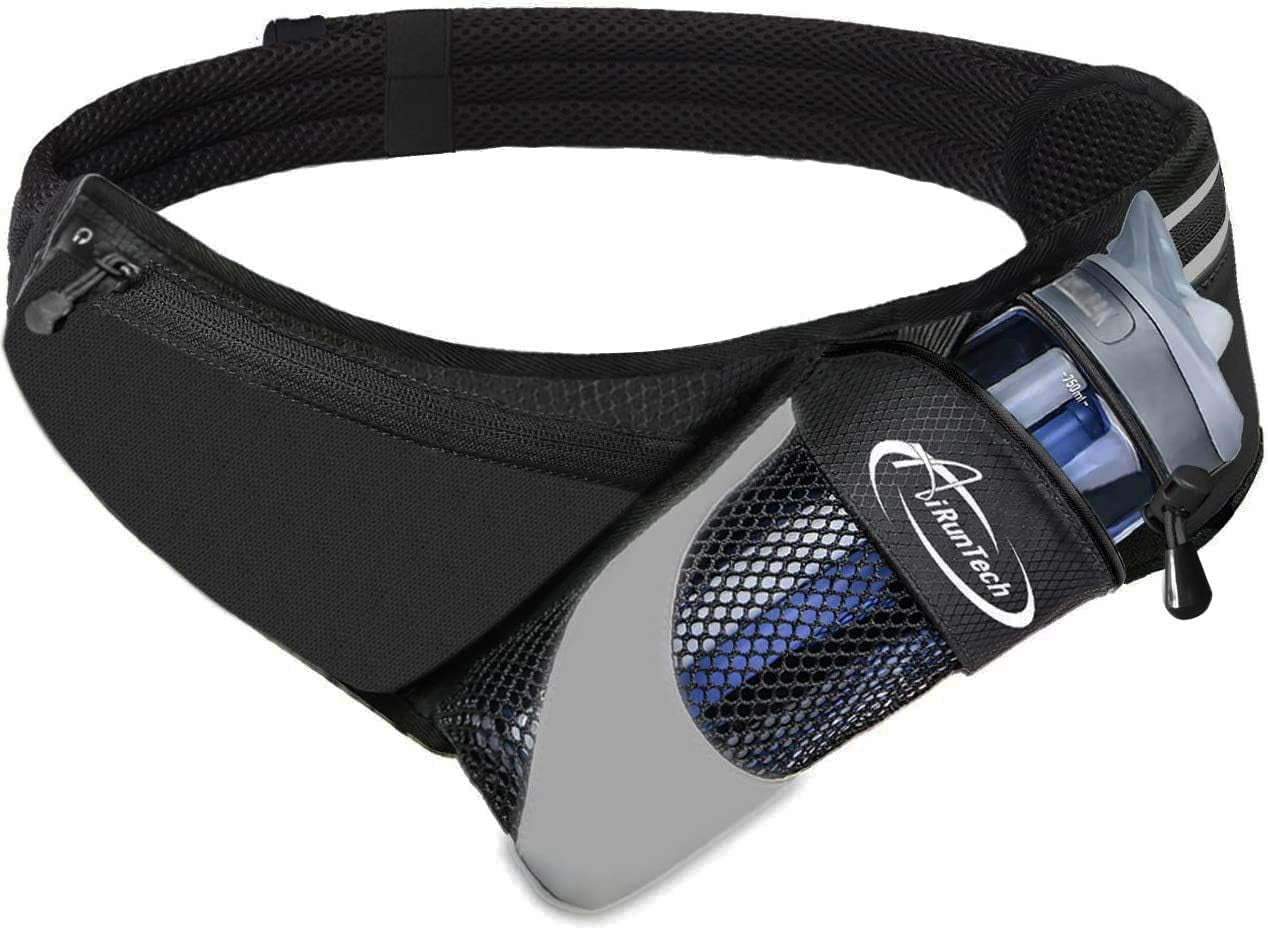 Black running hydration belt with water bottle holder and phone pocket
