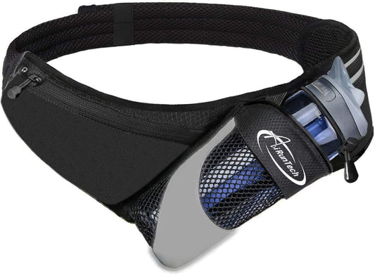 Black running hydration belt with water bottle holder and phone pocket
