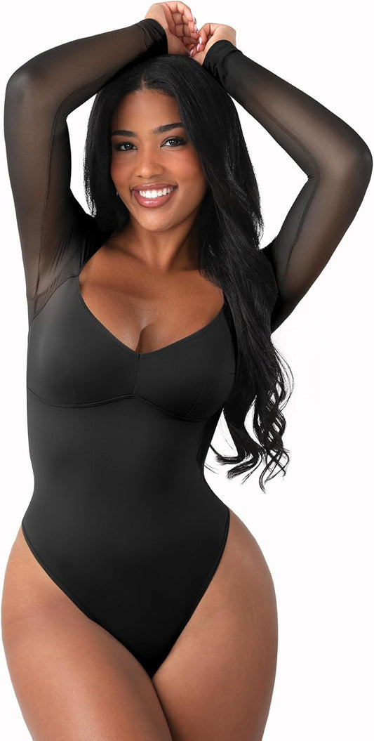 Feelingirl long sleeve bodysuit with V-neck mesh detail
