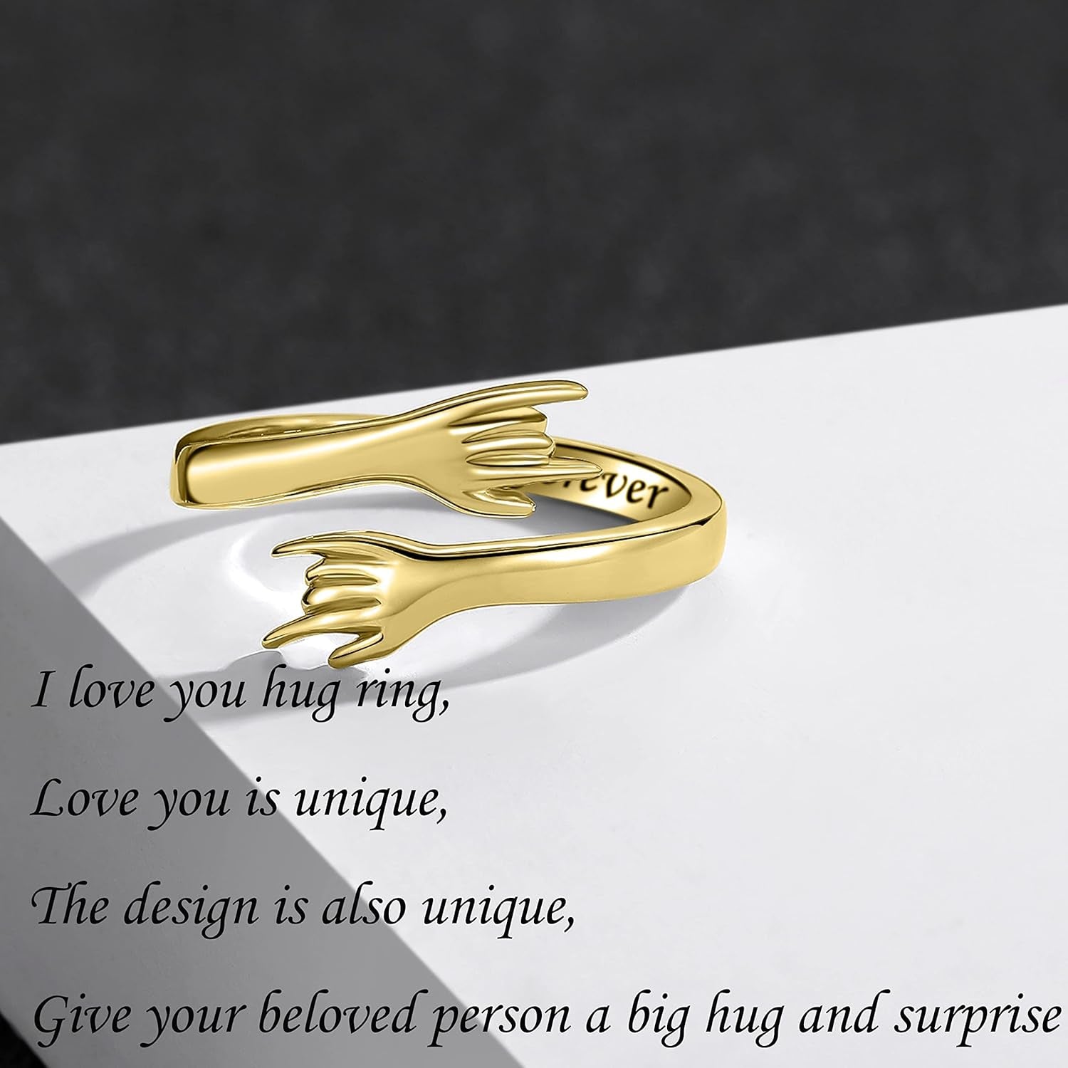 ZOEXUE Hug Rings for Women Sterling Silver - White Gold/18K Gold/Thick and Thin Ring Hugging Rings for Men Rock Hip Pop Hand Band Rings I Love You Forever Hugging Hand Ring Jewelry