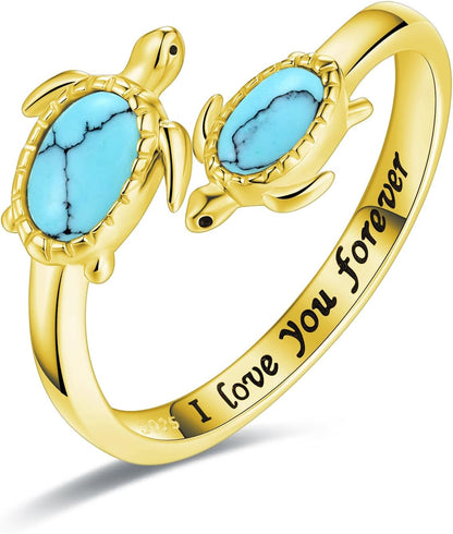 925-Sterling-Silver Opal/Turquoise Sea Turtle/Dolphin/Sea Life Ring - Inspirational I Love You Forever Adjustable Open Nature Ocean Mother Daughter Ring Cute Animal Jewelry Gifts for Women