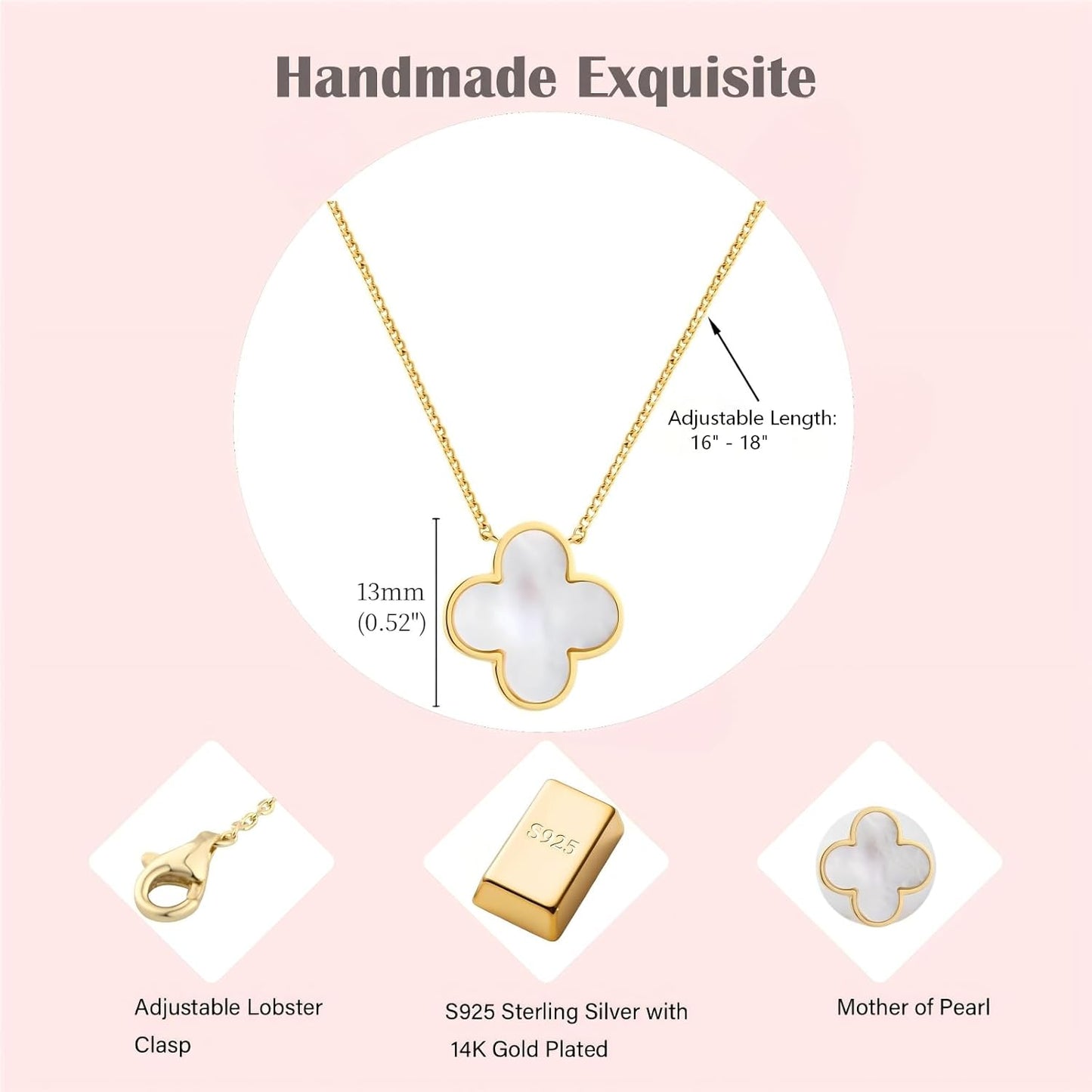 Lucky Clover Necklace with Mother of Pearl, 14K Gold Plated S925 Sterling Silver Pendant, Four Leaf Charm Jewelry for Women, Gift of Luck for Her, Birthday, Valentine'S Day