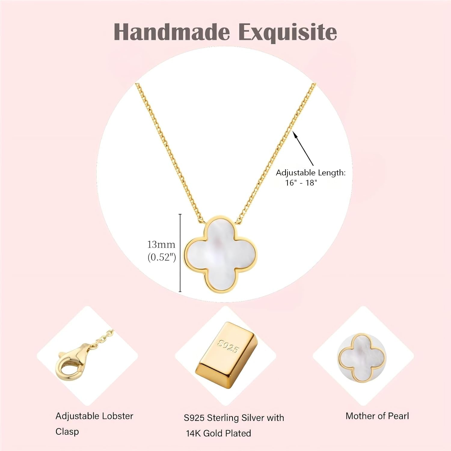 Lucky Clover Necklace with Mother of Pearl, 14K Gold Plated S925 Sterling Silver Pendant, Four Leaf Charm Jewelry for Women, Gift of Luck for Her, Birthday, Valentine'S Day