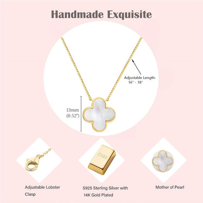 Lucky Clover Necklace with Mother of Pearl, 14K Gold Plated S925 Sterling Silver Pendant, Four Leaf Charm Jewelry for Women, Gift of Luck for Her, Birthday, Valentine'S Day