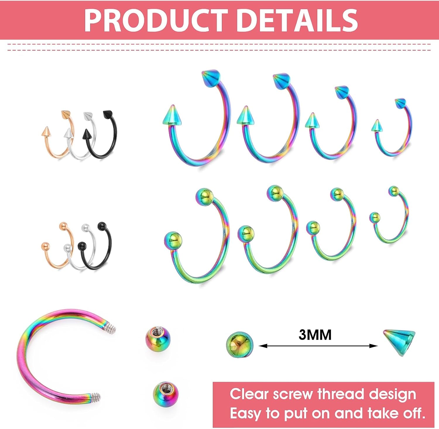 Yolev 32Pcs 18G Horseshoe Piercing for Women Men Variety of Sizes Horseshoe Rings Surgical Steel Nose Septum Horseshoe Hoop Earring Eyebrow Earring Hoop Lip