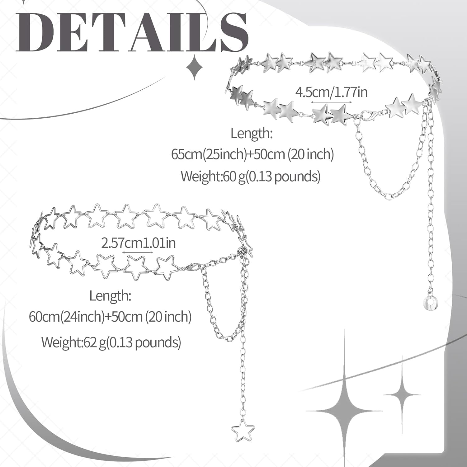 2 Pcs Star Chain Belt for Women, Adjustable Y2K Metal Waist Belt - Punk Body Belt for Dresses, Jeans & Rave