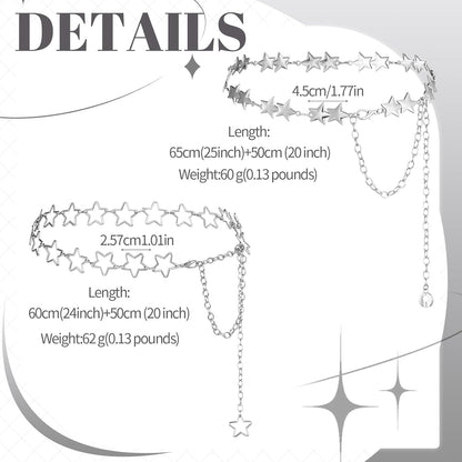2 Pcs Star Chain Belt for Women, Adjustable Y2K Metal Waist Belt - Punk Body Belt for Dresses, Jeans & Rave