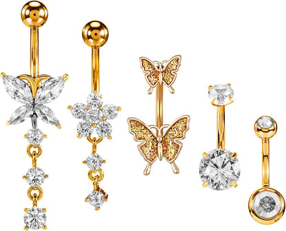 5Pcs Long Belly Button Rings,Stainless Steel Diamond Belly Rings for Women