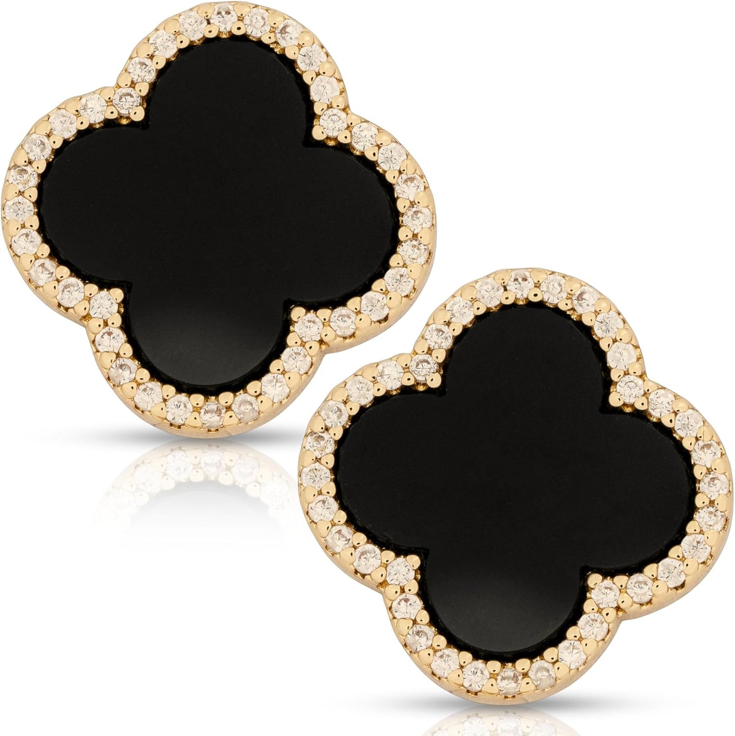 Four Leaf Clover Earrings 18K Gold Plated with Black Agate or White Shell | Mother of Pearl & Cubic Zirconia | Classic English Lock | Tarnish-Resistant Jewelry for Women