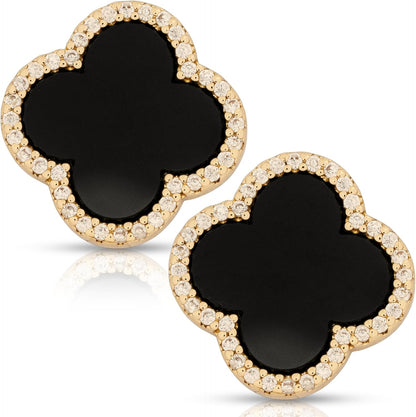 Four Leaf Clover Earrings 18K Gold Plated with Black Agate or White Shell | Mother of Pearl & Cubic Zirconia | Classic English Lock | Tarnish-Resistant Jewelry for Women
