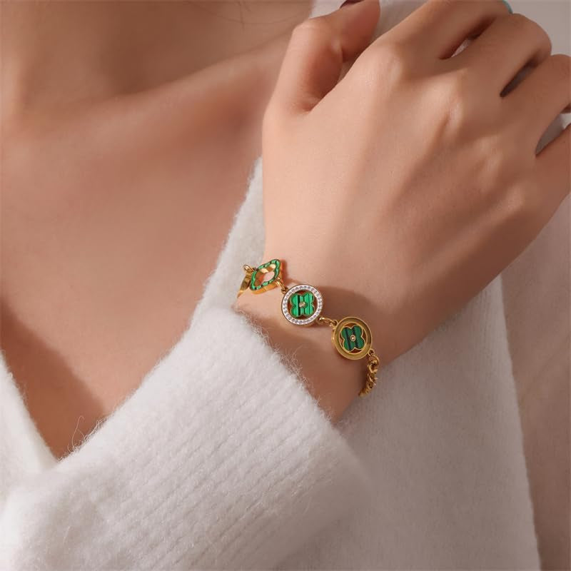 Four Leaf Clover Bracelets for Women, 18K Gold Plated Clover Jewelry Set-Tone with Green Enamel Clover Charms, Crystal Accents, Elegant Gift for Women Packed in a Packaging Box (Black)