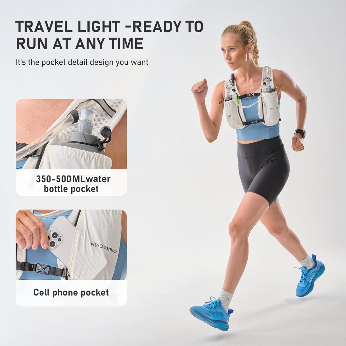 Running hydration vest displaying 1.5L water bladder compartment