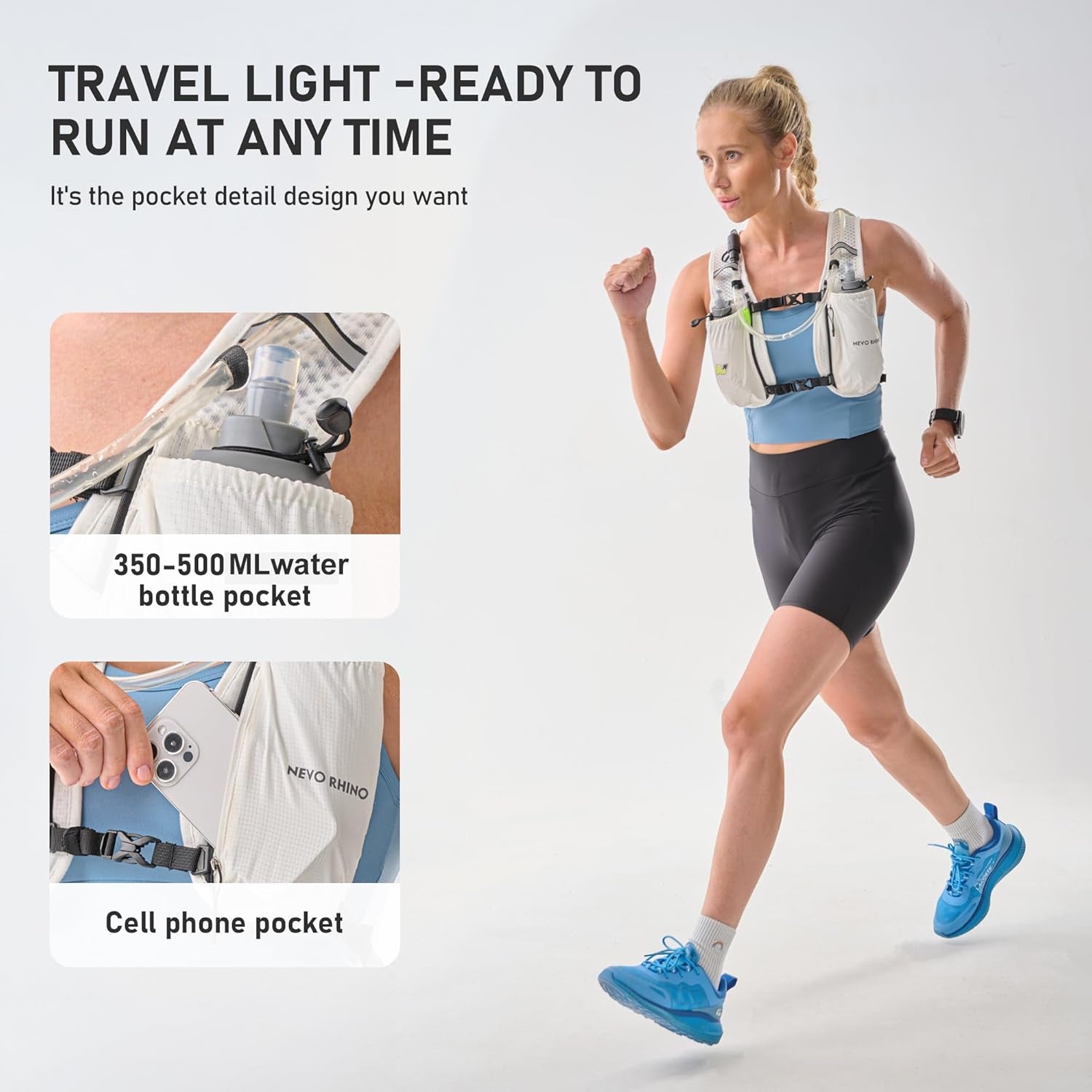 Running hydration vest displaying 1.5L water bladder compartment