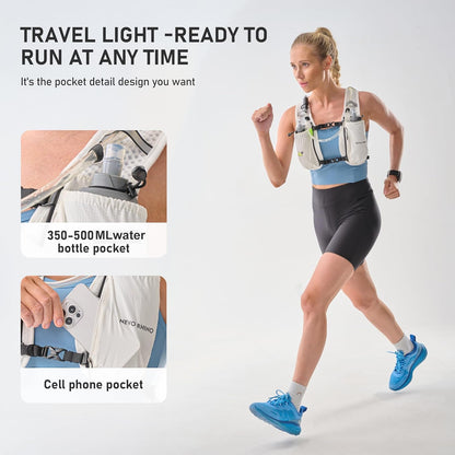 Running hydration vest displaying 1.5L water bladder compartment