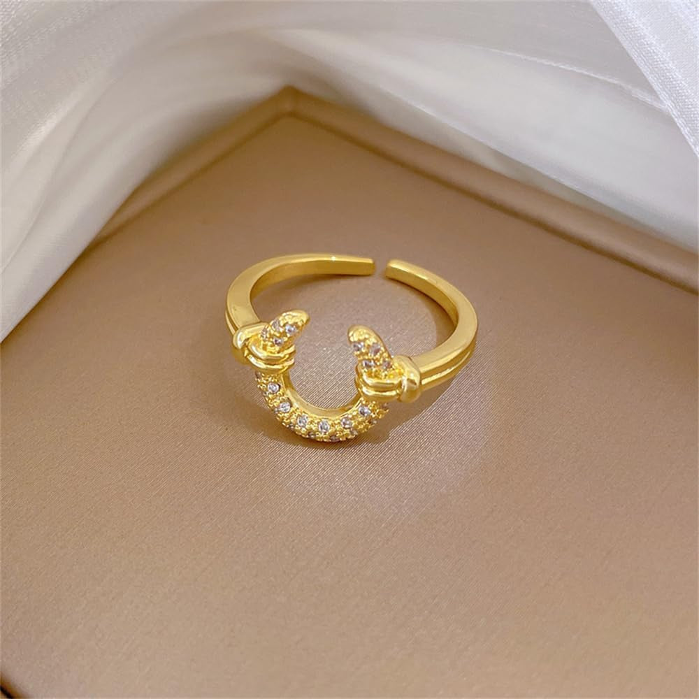 Dtja Dainty CZ Horseshoe Adjustable Ring for Women 14K Gold Plated Stainless Steel Crystal Love U Statement Open Band Finger Rings Comfort Fit Fashion Cute Birthday Anniversary Jewelry Gift