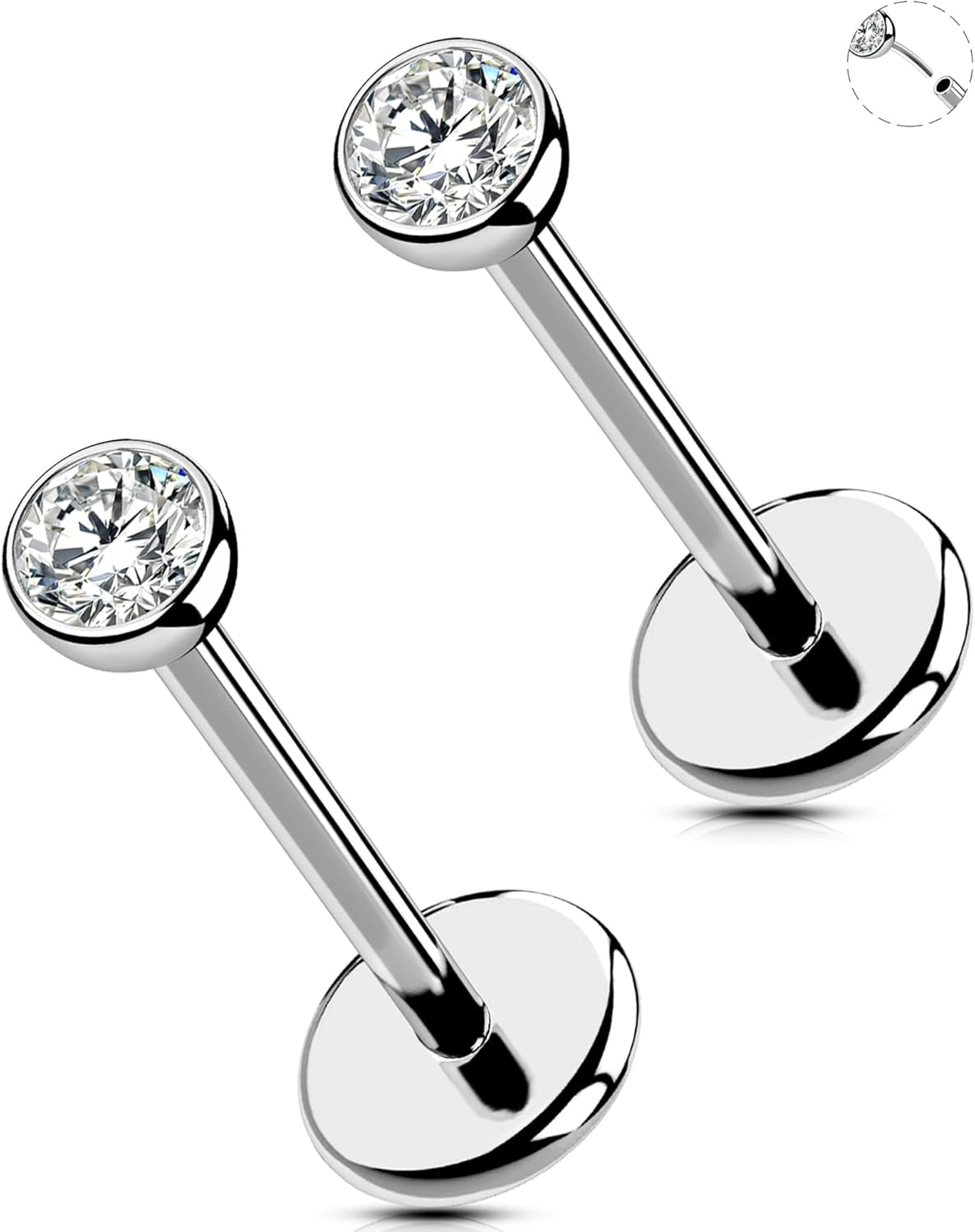 OUFER 2Pcs 20G/18G/16G G23 Titanium Threadless Nose Stud Earrings Flat Back Tiny CZ Small Nose Helix Cartilage Tragus Conch Labret Medusa Monroe Piercing Jewelry for Women Men