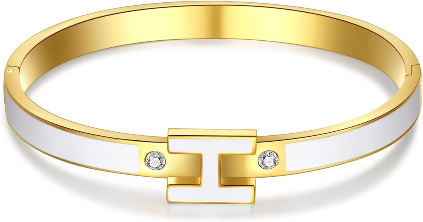 H Bracelet for Women - 18K Gold Plated Titanium Steel Cuff | Cubic Zirconia Bangle Jewelry Gift, Simple & Durable Everyday Wear (S/M/L Size)