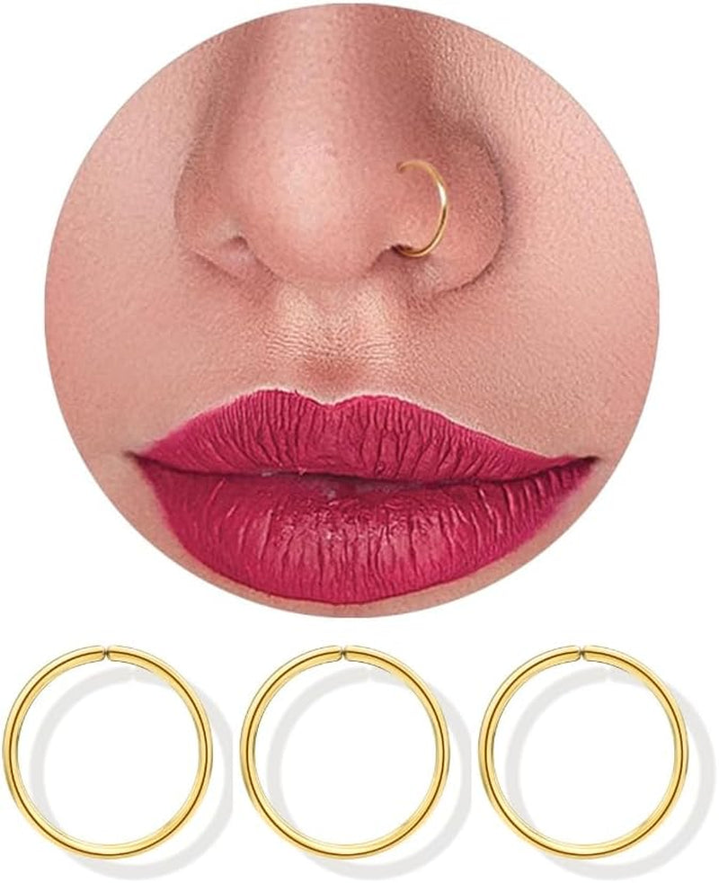 LUCKYJEWUS 14K Gold Nose Rings Hoops for Women 22 Gauge, Small Thin Nose Piercing Jewelry, 3Pcs 8Mm 22G