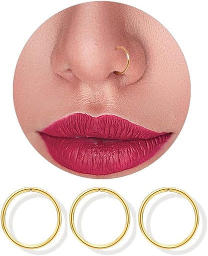 LUCKYJEWUS 14K Gold Nose Rings Hoops for Women 22 Gauge, Small Thin Nose Piercing Jewelry, 3Pcs 8Mm 22G