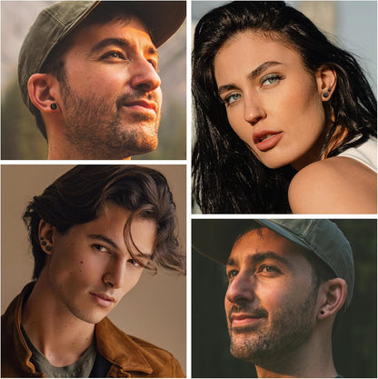 FIBO STEEL 6 Pairs Stainless Steel Black Stud Earrings for Men Women Faux Gauges Ear Tunnel Fake Gauge Earrings 3-8Mm