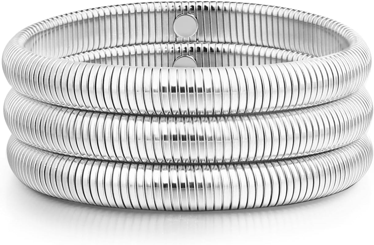 Gold Bangle Multi-Layer Bracelets for Women Stretchy Stainless Steel Link Chain Flexible Wide Wristband Bracelets