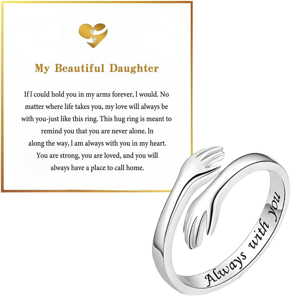To My Daughter Hug Hope Rings, I Love You Foreve Motivational Stainless Steel Spiral Wrap Twist Open Adjustable Healing Ring Inspirational Gift Jewelry