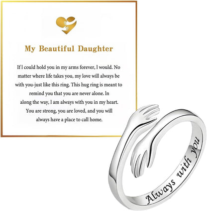 To My Daughter Hug Hope Rings, I Love You Foreve Motivational Stainless Steel Spiral Wrap Twist Open Adjustable Healing Ring Inspirational Gift Jewelry