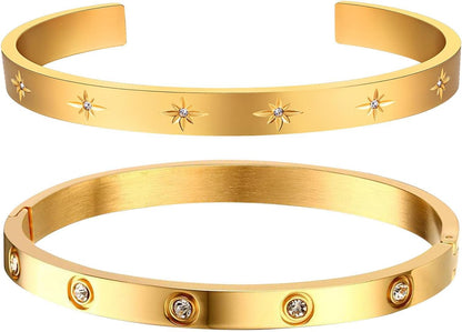 MPRAINBOW Gold Bracelets for Women, 2Pcs 18K Gold Plated Cubic Zirconia Bangle Crystal Friendship Bracelet Jewelry,Wedding Party Christmas Birthday Gifts for Her Girlfriend Sister Daughter