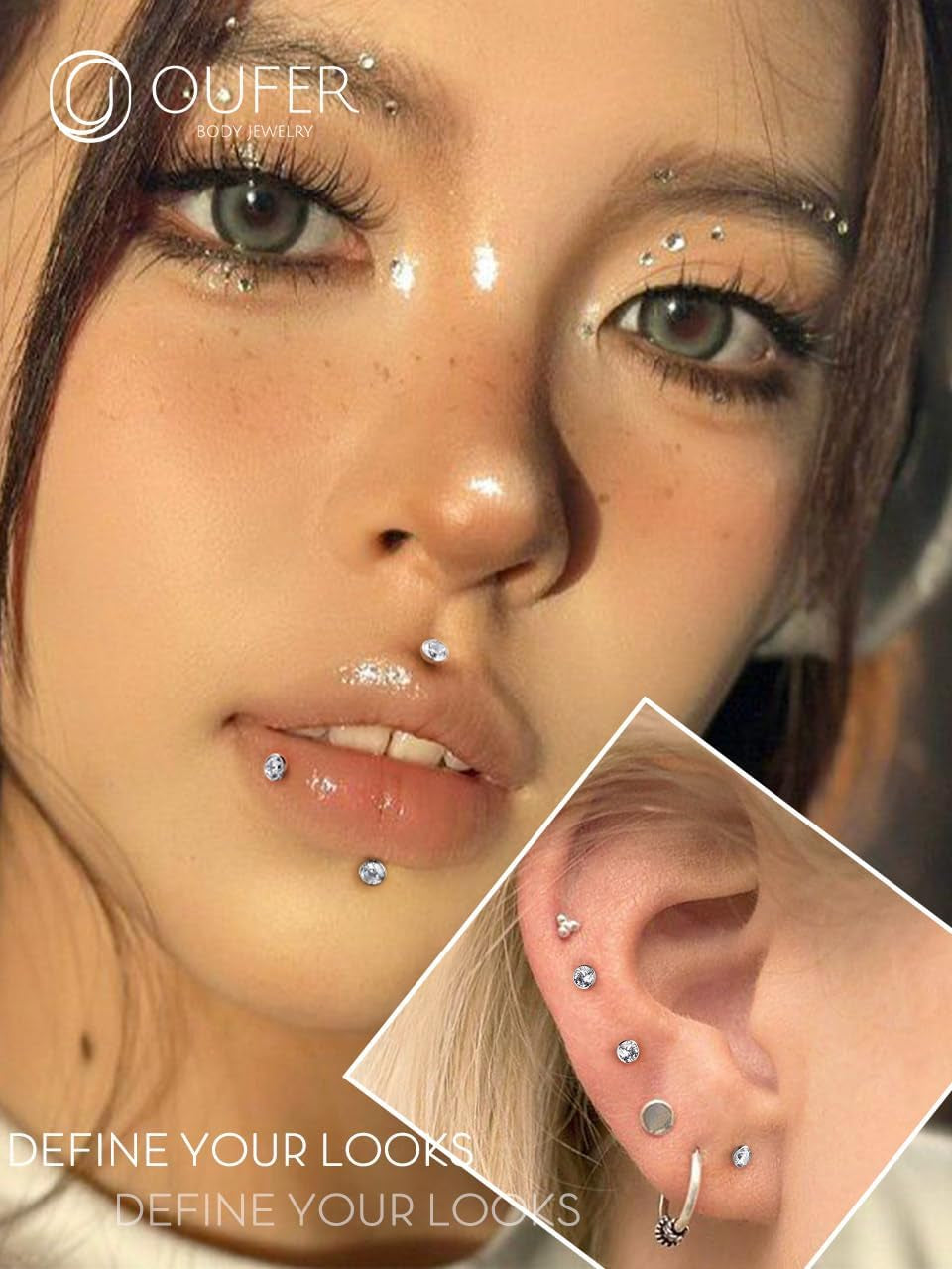 OUFER 2Pcs 20G/18G/16G G23 Titanium Threadless Nose Stud Earrings Flat Back Tiny CZ Small Nose Helix Cartilage Tragus Conch Labret Medusa Monroe Piercing Jewelry for Women Men