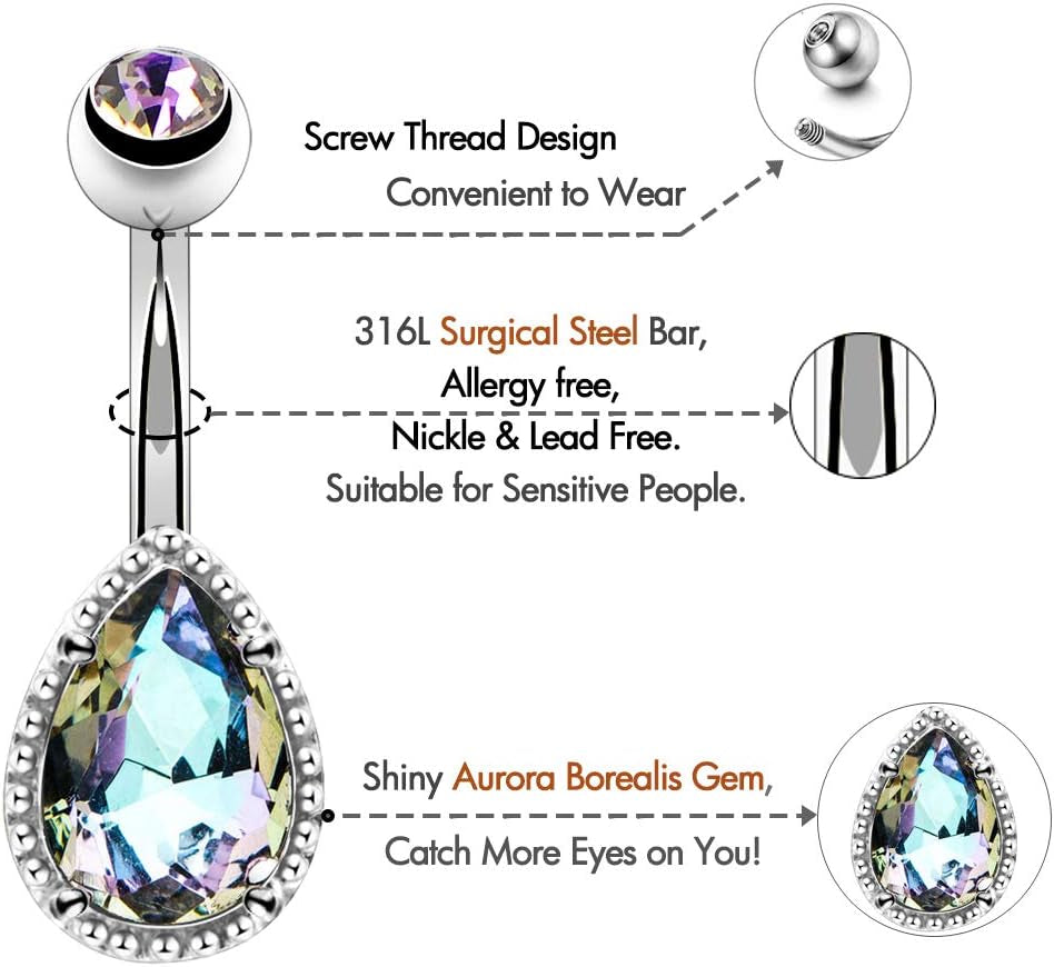 OUFER 14G Surgical Steer Belly Button Rings Tear Drop CZ Gem Navel Rings Belly Jewelry